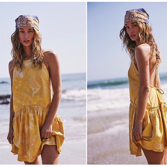 NWT Free People Deserted Island Mini Dress in Yellow Combo